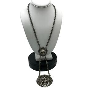 Vintage Silver Tone Victorian Revival Style Lg Double Lion Door Knocker Necklace